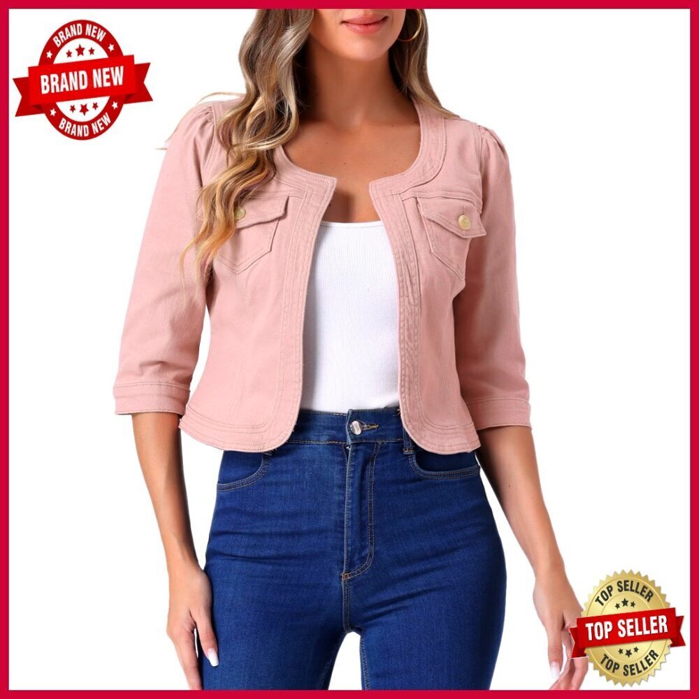 Collarless Denim Jacket Crop 3/4 Sleeve Cardigan Regular Fit